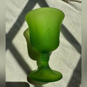 Vintage Green Satin Frosted Glass Goblet – Grape & Leaf Design – 8” Tall